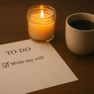 A picture of a To Do list, a candle and cup of tea. Not making a will is a real life horror story that you should avoid for the sake of the people you love. Happy Halloween and Samhain