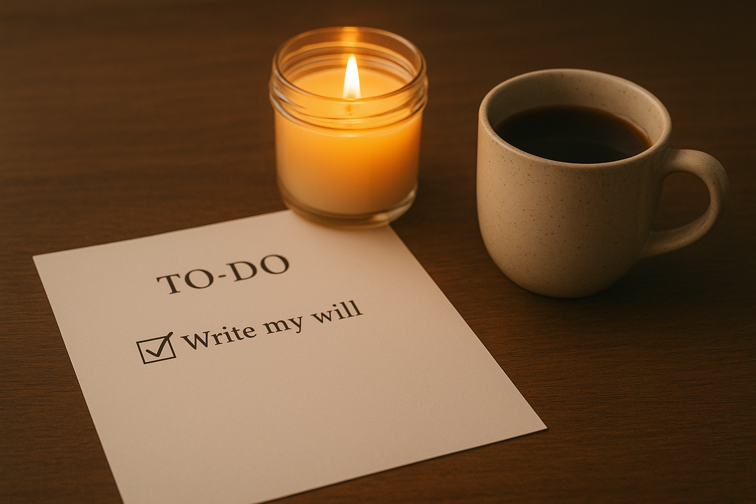 A picture of a To Do list, a candle and cup of tea. Not making a will is a real life horror story that you should avoid for the sake of the people you love. Happy Halloween and Samhain