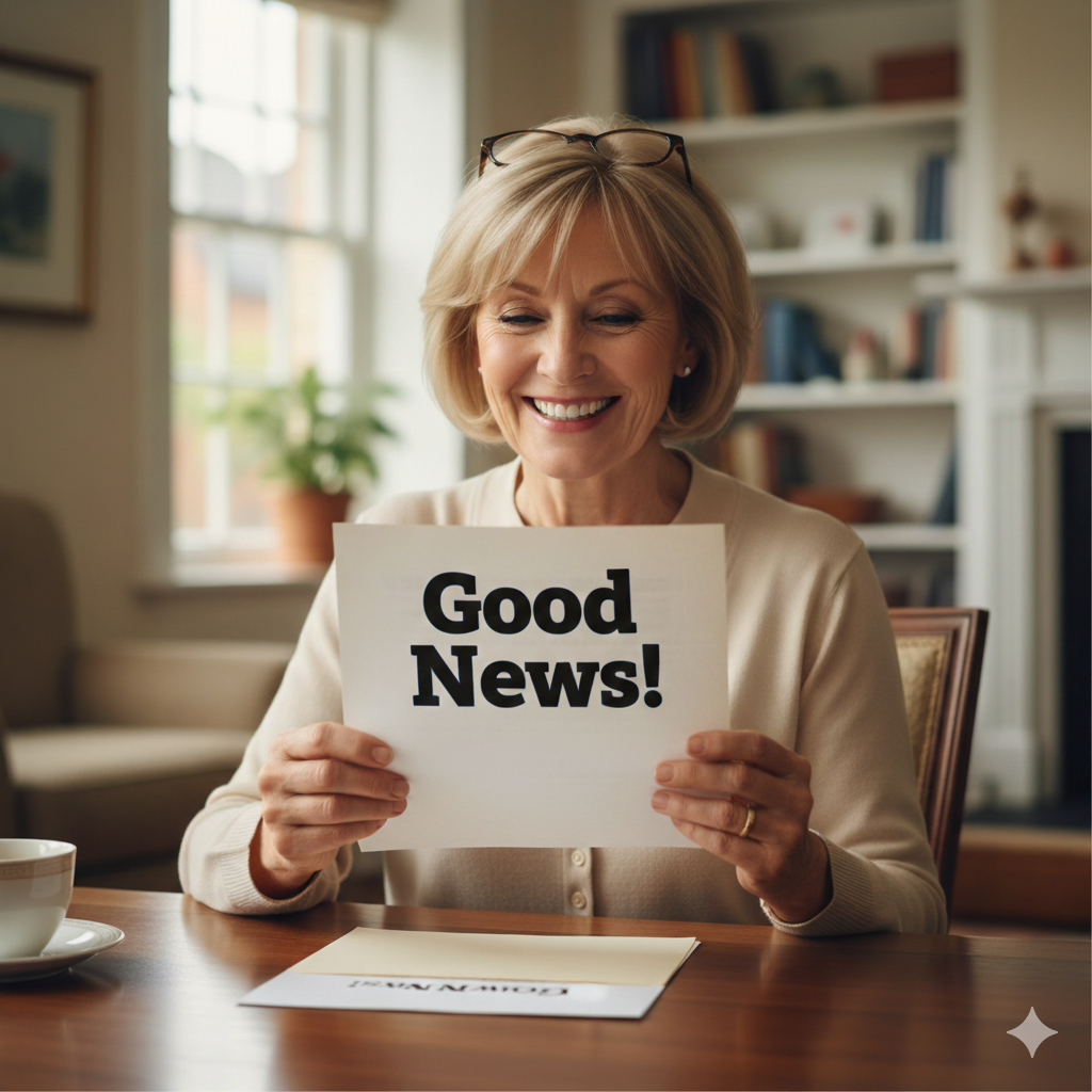 A good news/bad news story. A smiling middle aged lady has just opened a good news letter